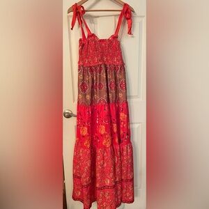 Floral Smocked Bodice Coral and Brown Paisley Dress with Satin Tie Straps Large